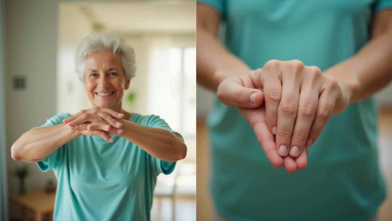Mujer de 55 años realizando estiramiento de hombro y primer plano de ejercicios de movilidad de manos